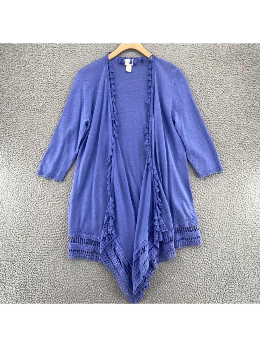 Chicos Sweater Womens 1 US Large Blue Open Cardigan Tassel Lace Hem 3/4 Sleeves